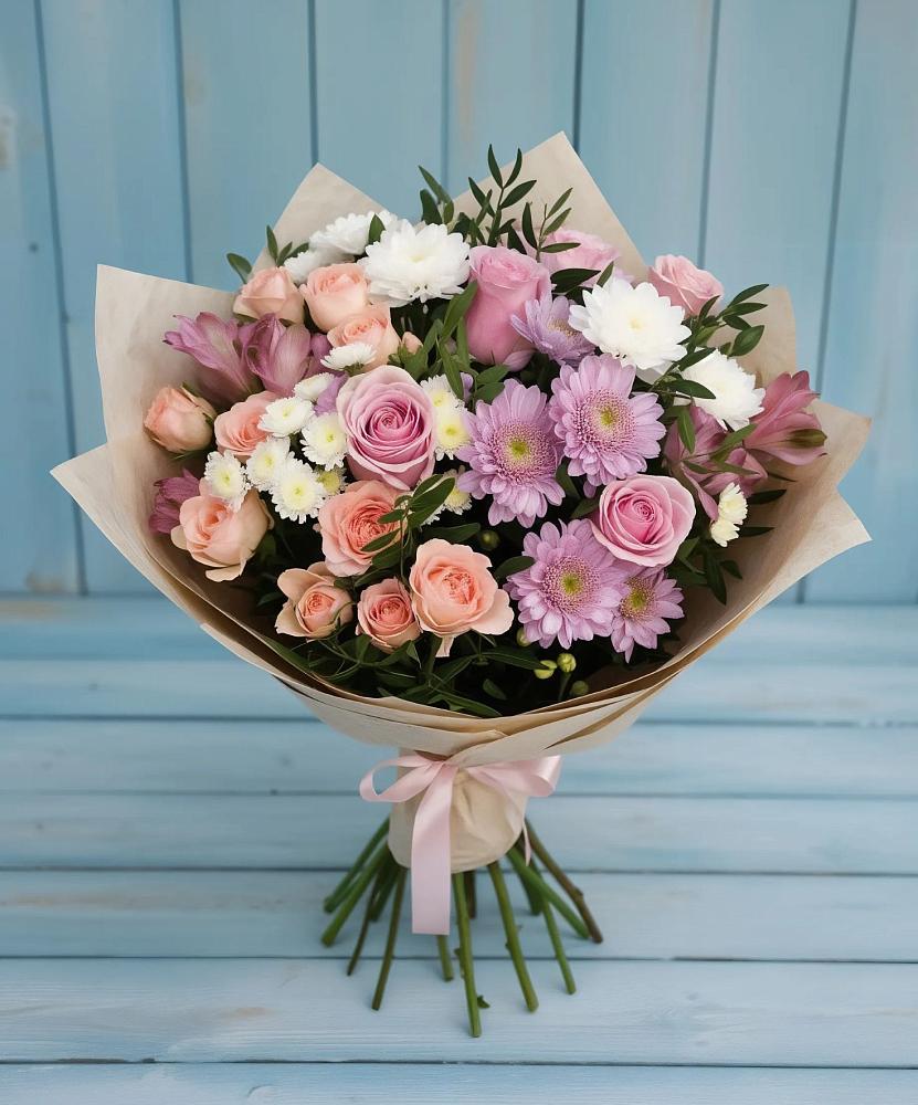 Букет цветов из: Хризантемы, Розы и Альстромерии в Зырянском