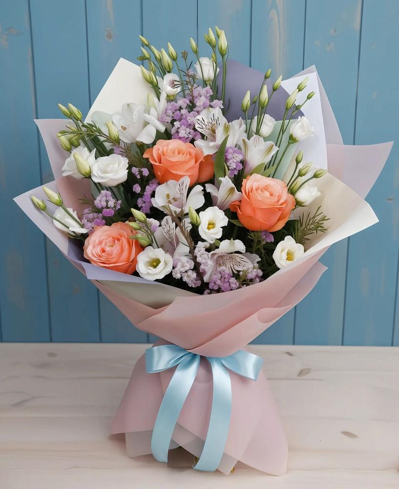 Букет цветов из: Лизиантусы, Розы, Альстромерии и Гипсофила в Зырянском