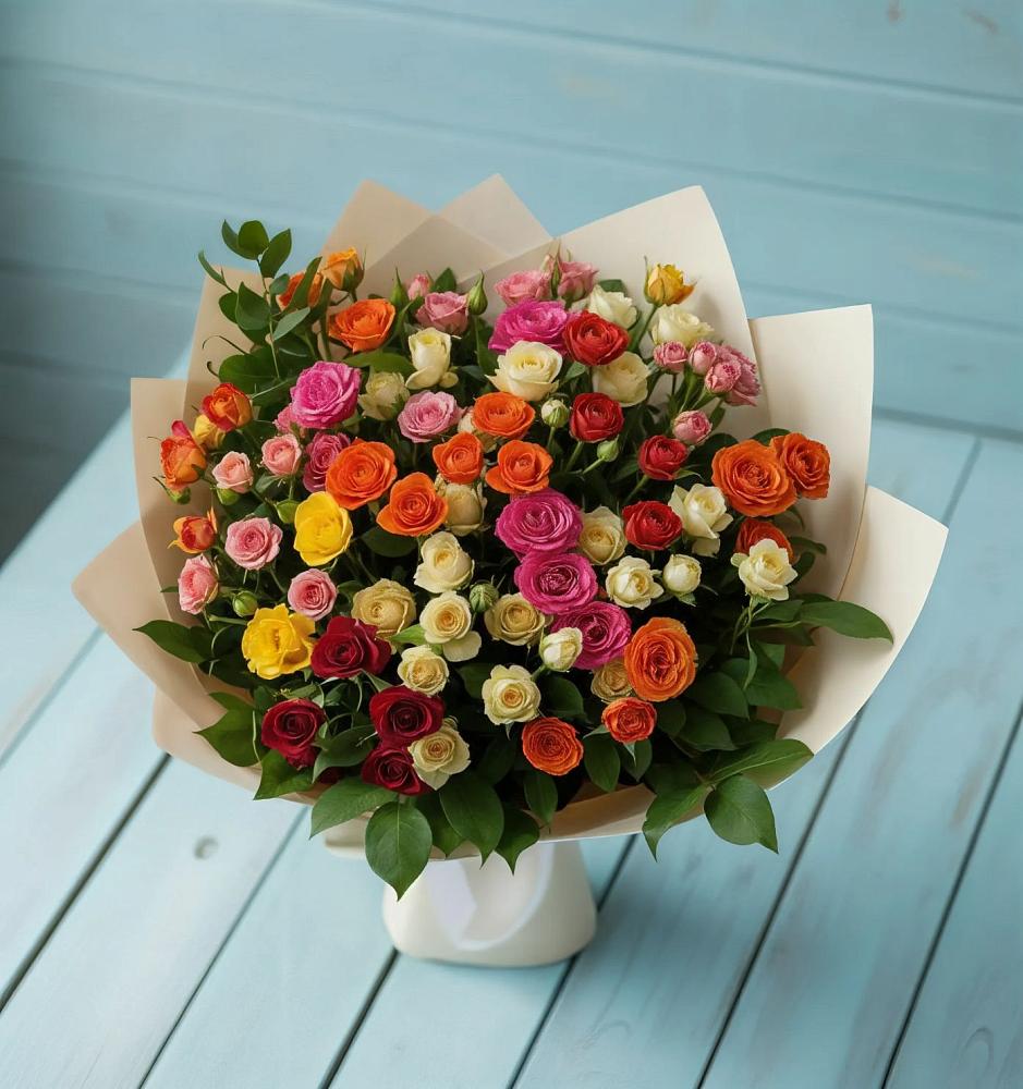 Букет Микс из разноцветных кустовых роз в Зырянском