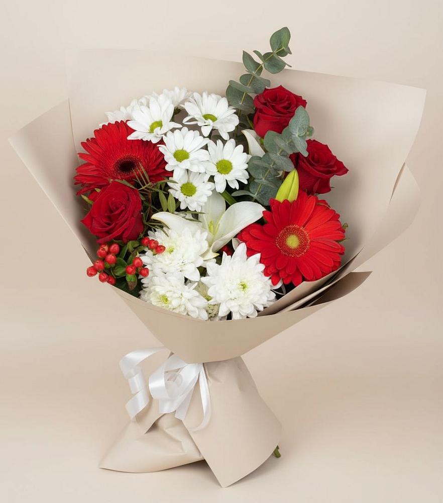 Букет цветов из: Розы, Хризантемы, Герберы и Лилии в Зырянском