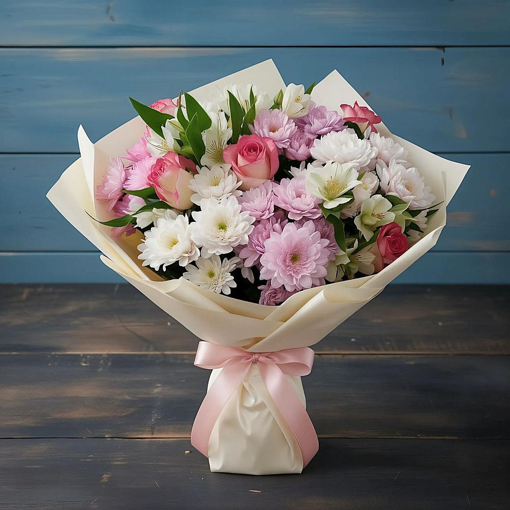 Букет цветов из: Хризантемы, Альстромерии и Розы в Зырянском